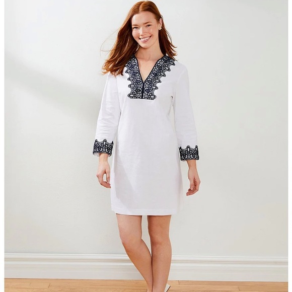 Preston & York Tabitha Stretch Linen 3/4 Sleeve Split V-Neck Embroidered Dress - Picture 2 of 11